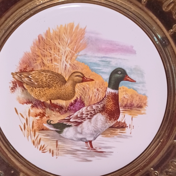 Vintage Pair of Brass and Ceramic Wall Plates Duck and Grouse Ceramic Centers - Picture 3 of 7